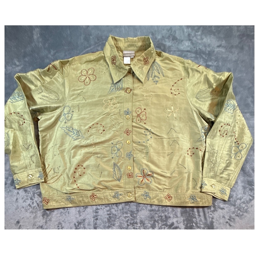 Coldwater Creek Embroidered Silk Blend Beaded Floral Jacket Blazer Olive Gold 3X